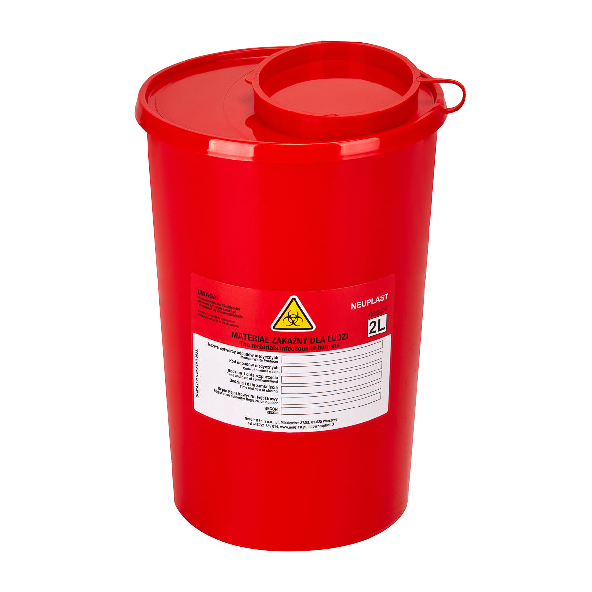 Red 2L medical waste container from ACTIVESHOP with secure lid for safe disposal of medical sharps and waste