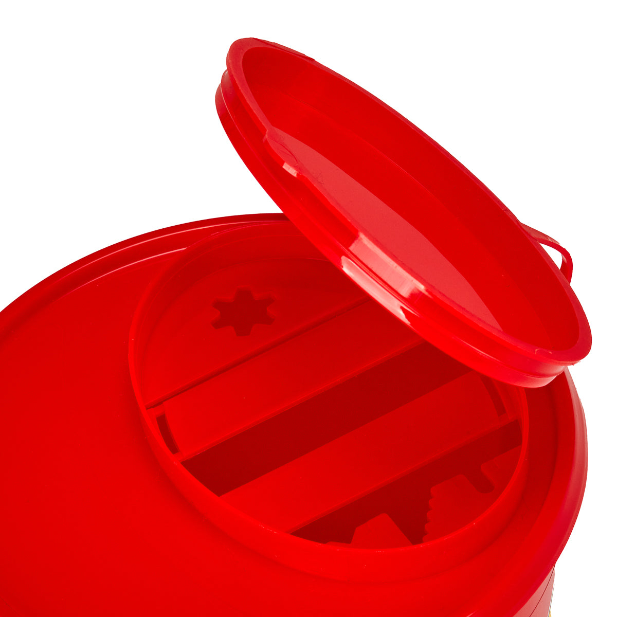Red 2L medical waste container from ACTIVESHOP, with secure lid and clear labeling for safe biomedical waste disposal.