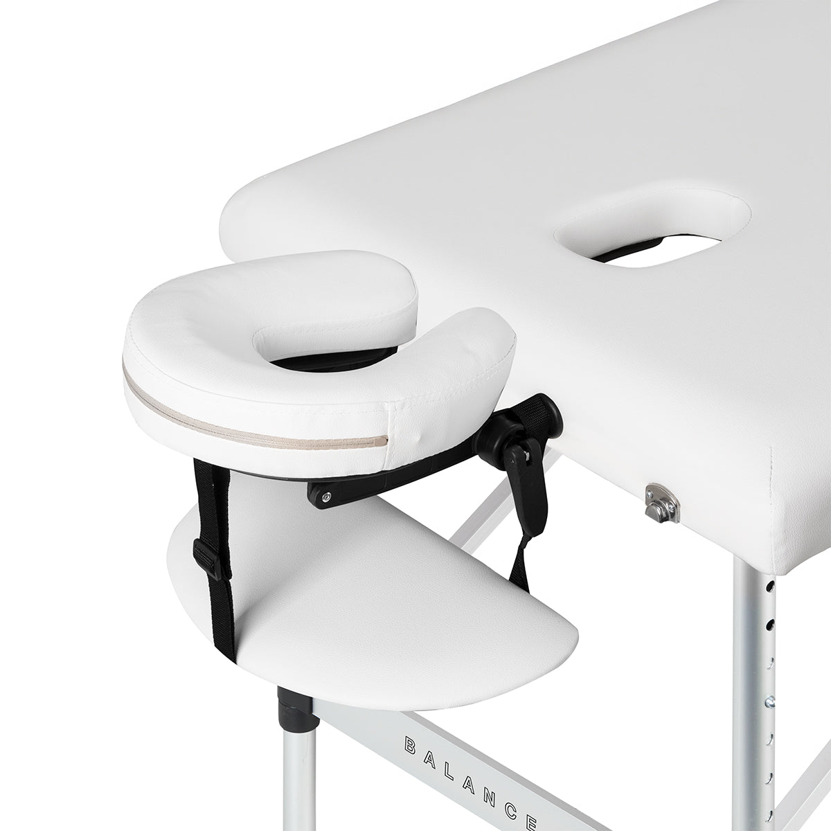 White BALANCE aluminium folding massage table with 3 segments, lightweight and adjustable for professional massage therapy.