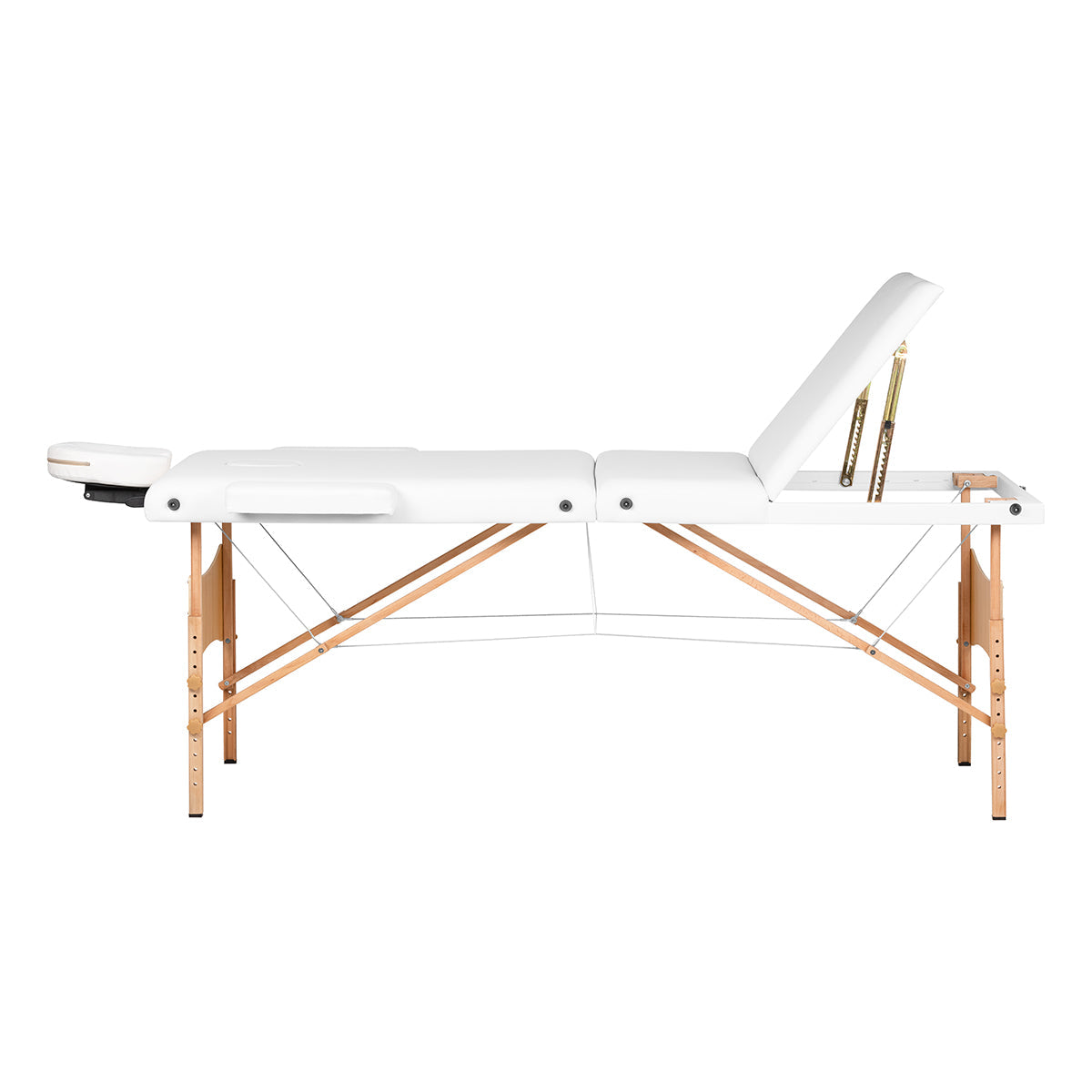 White BALANCE wooden folding massage table with 3 segments, 190x70 cm, designed for professional massage therapy.