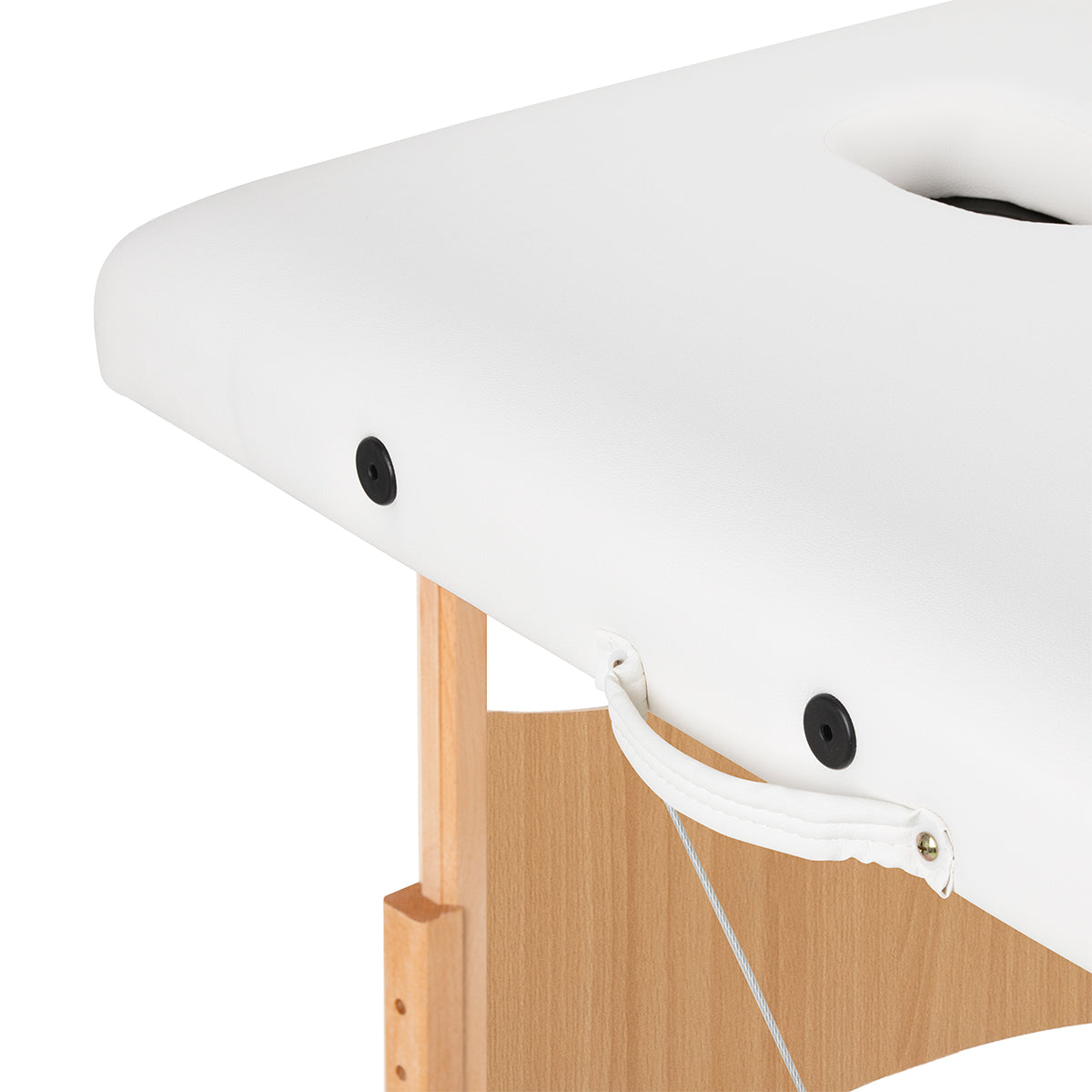 White BALANCE wooden folding massage table with three segments, measuring 190x70 cm, designed for professional massage therapy.