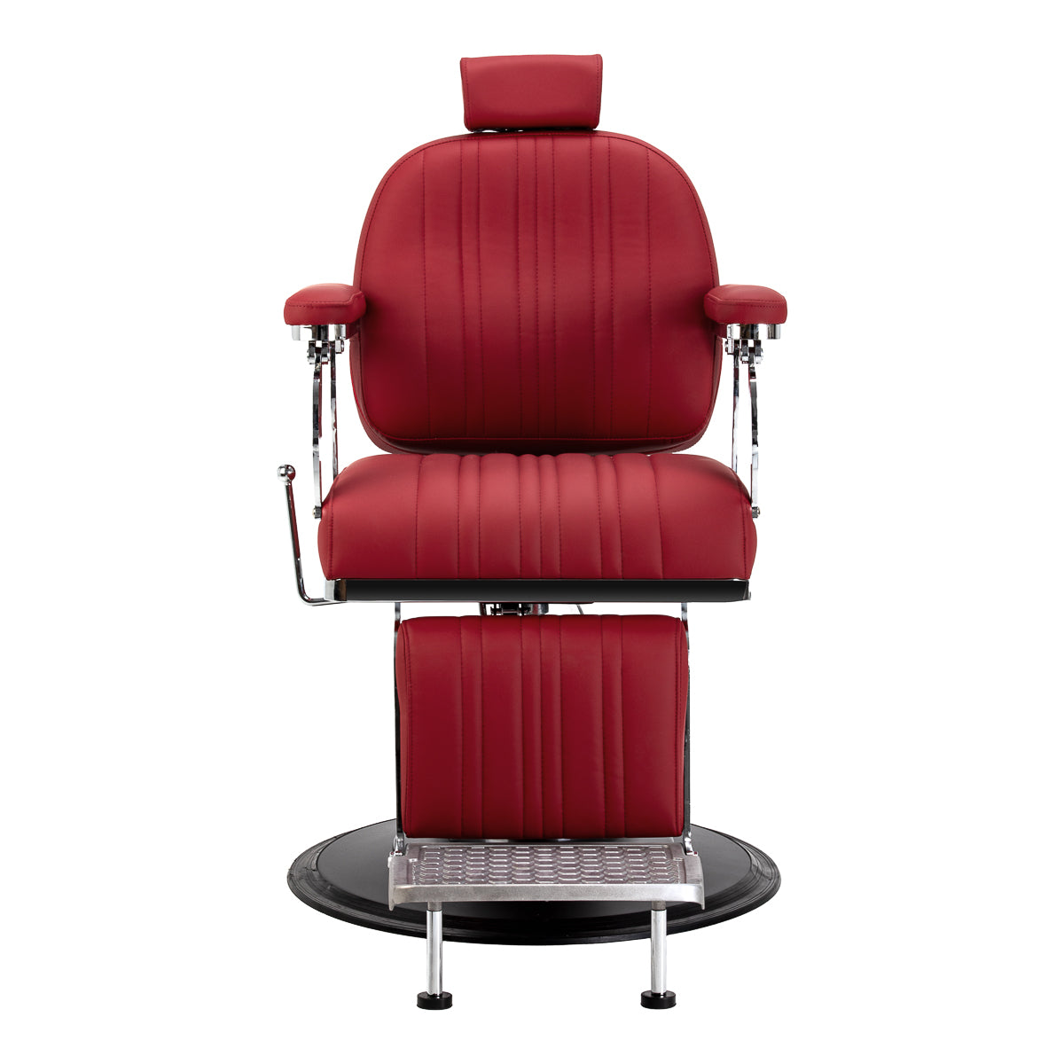 Gabbiano Elias red barber chair with plush upholstery and adjustable headrest, designed for barbershops and grooming salons.