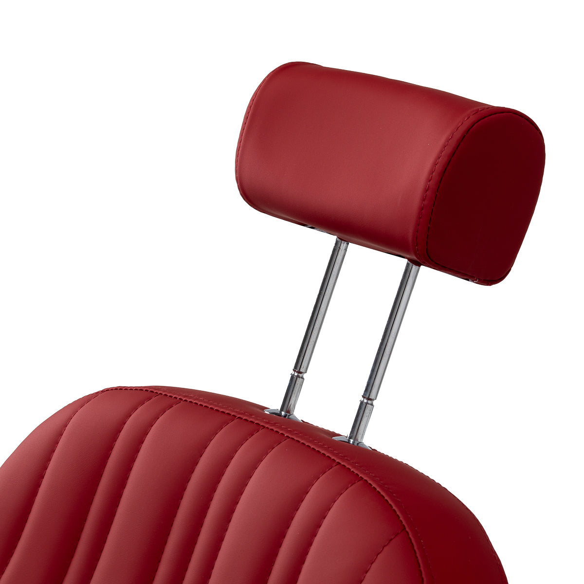Red Gabbiano Elias barber chair used in barbershops, featuring a cushioned seat and backrest with chrome accents.