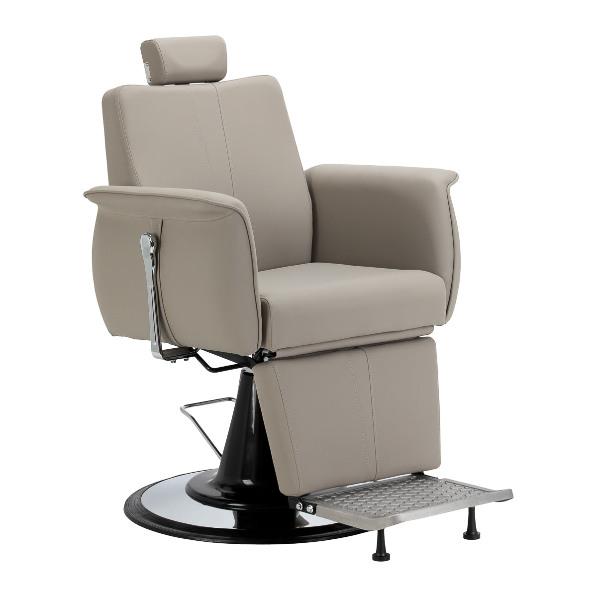 Gabbiano Athena grey barber chair with padded seat and backrest, adjustable headrest, and chrome armrests for barbershop use