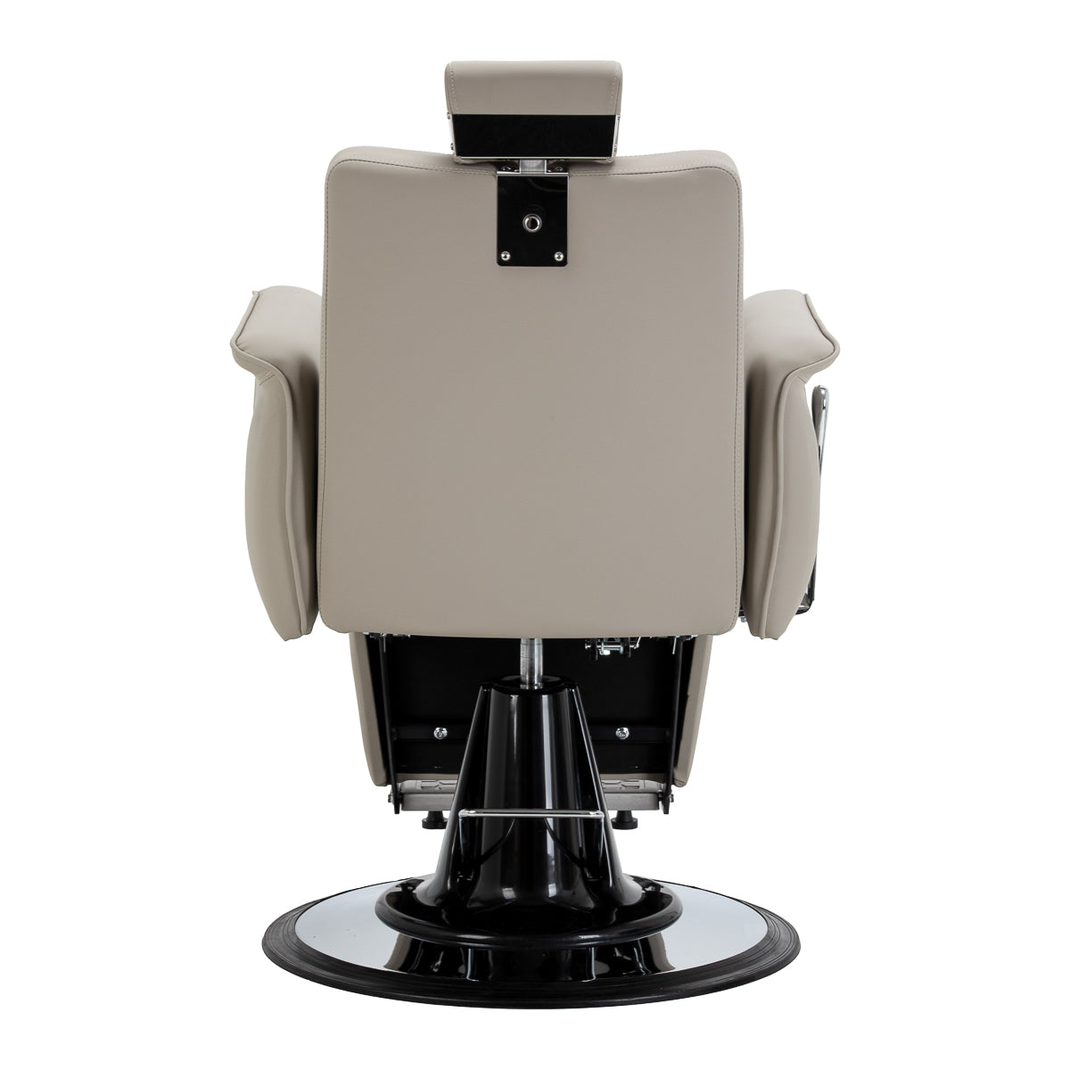 Gabbiano Athena grey barber chair with cushioned seat and backrest, adjustable height, and chrome armrests for barbershop use.