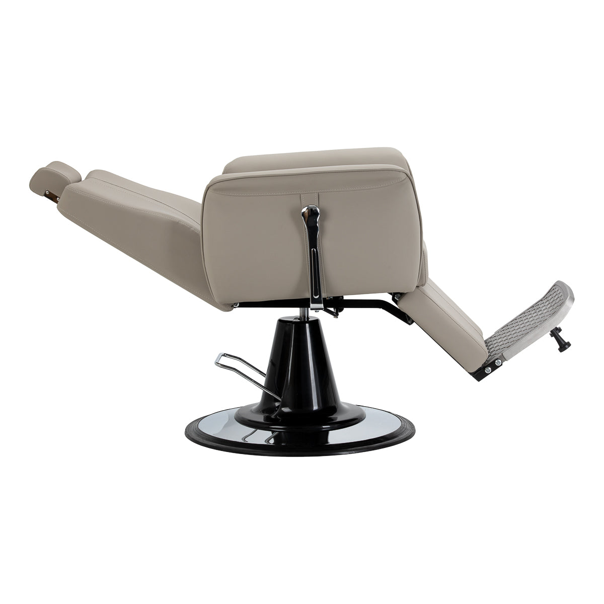 Gabbiano Athena grey barber chair with padded seat and backrest, adjustable armrests, and chrome base for barbershop furniture.