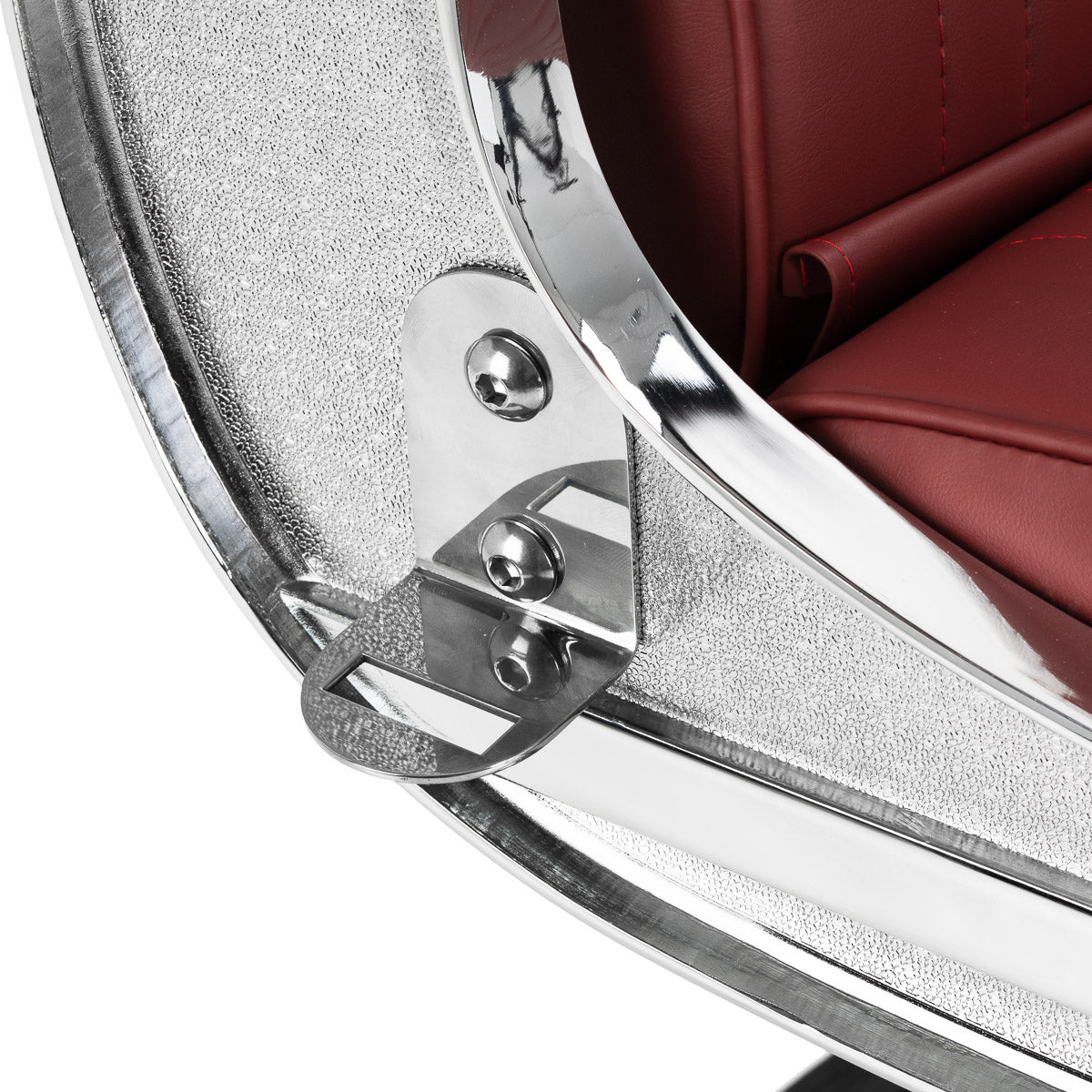Gabbiano Visionerio+ Hydraulic Barber Chair – Red, Chrome Frame; backrest hinge detail