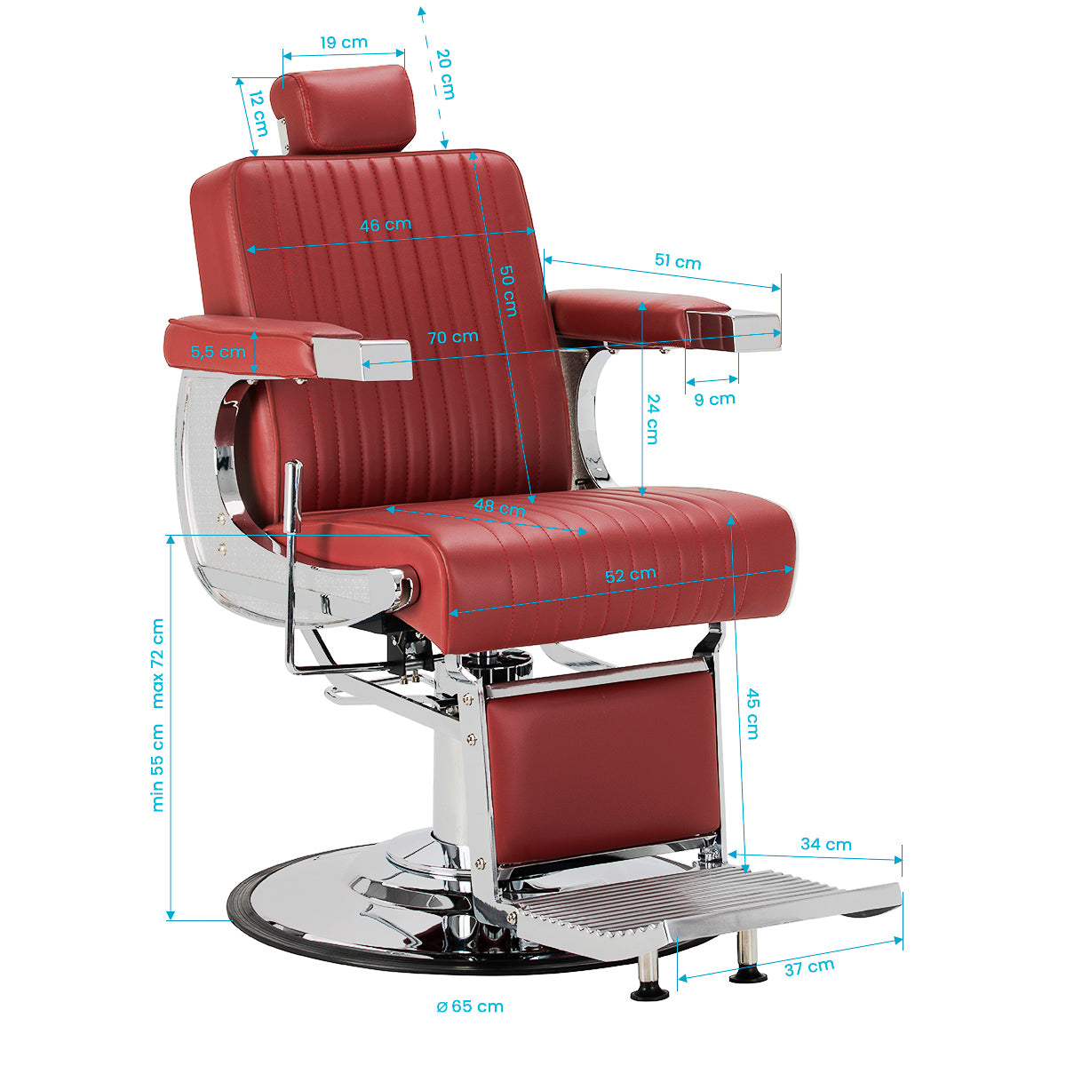 Gabbiano Visionerio+ Hydraulic Barber Chair – Red, Chrome Frame; dimension drawing, 55–72 cm seat height
