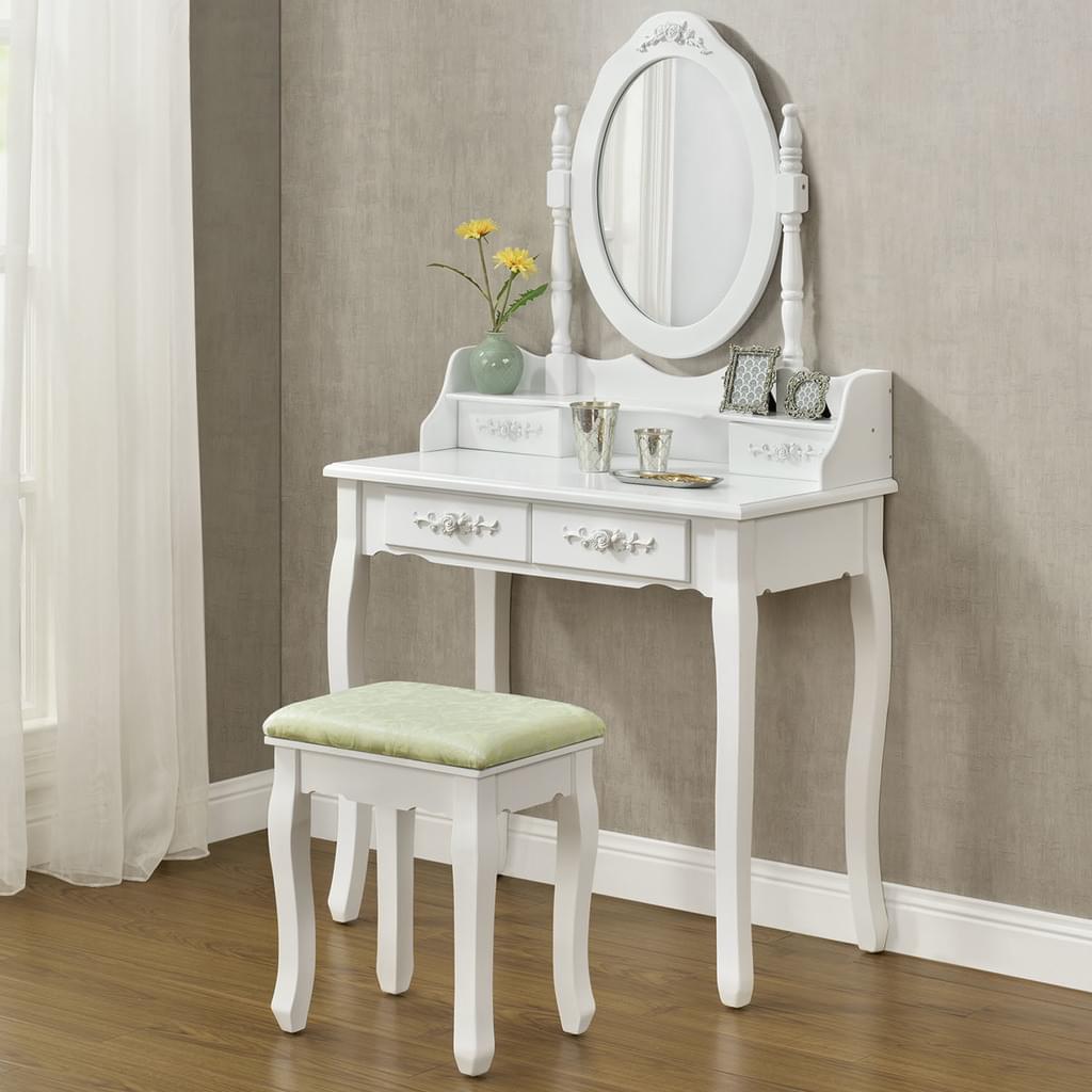 MIRA White Vanity Table with Mirror, 4 Drawers & Stool - BVShop