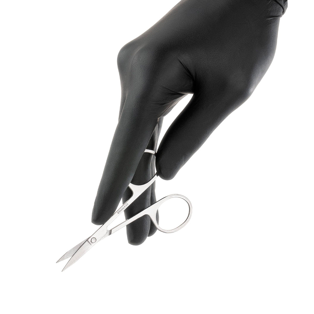 PhiBrows Stainless Steel Scissors & Tweezers — eyebrow scissors held in a gloved hand