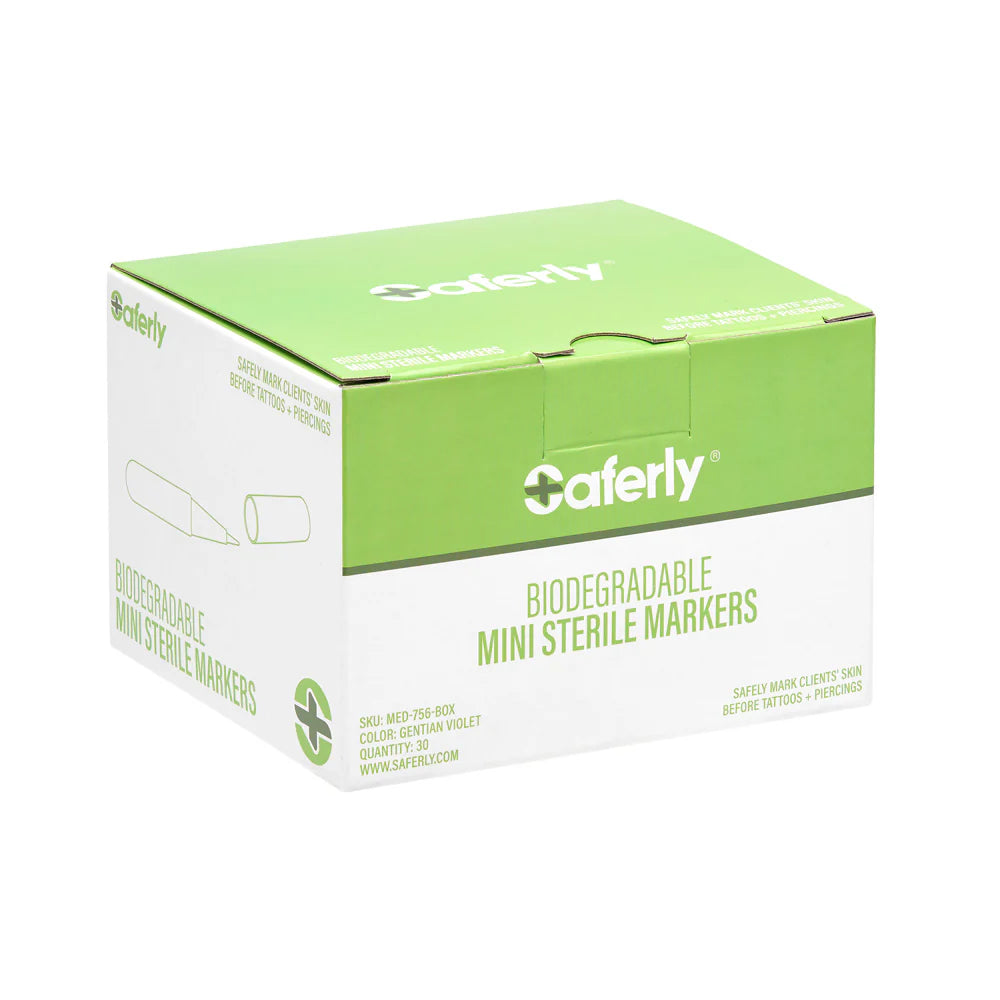 Saferly sterile biodegradable mini markers in bright colors, designed for safe, eco-friendly marking in medical or industrial settings.