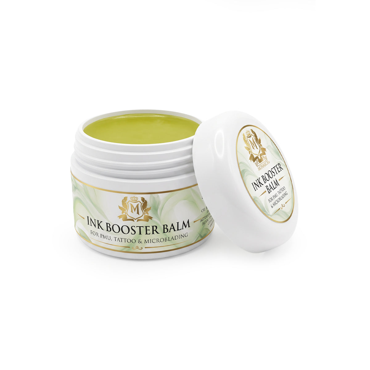 Skin Monarch Ink Booster Balm 30ml, open jar showing yellow balm and lid