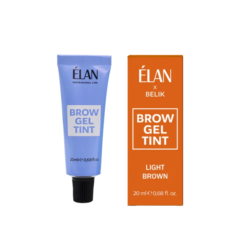 Elan Light Brown Brow Gel Tint in 20ml, showing the container with its light brown tint and applicator brush.