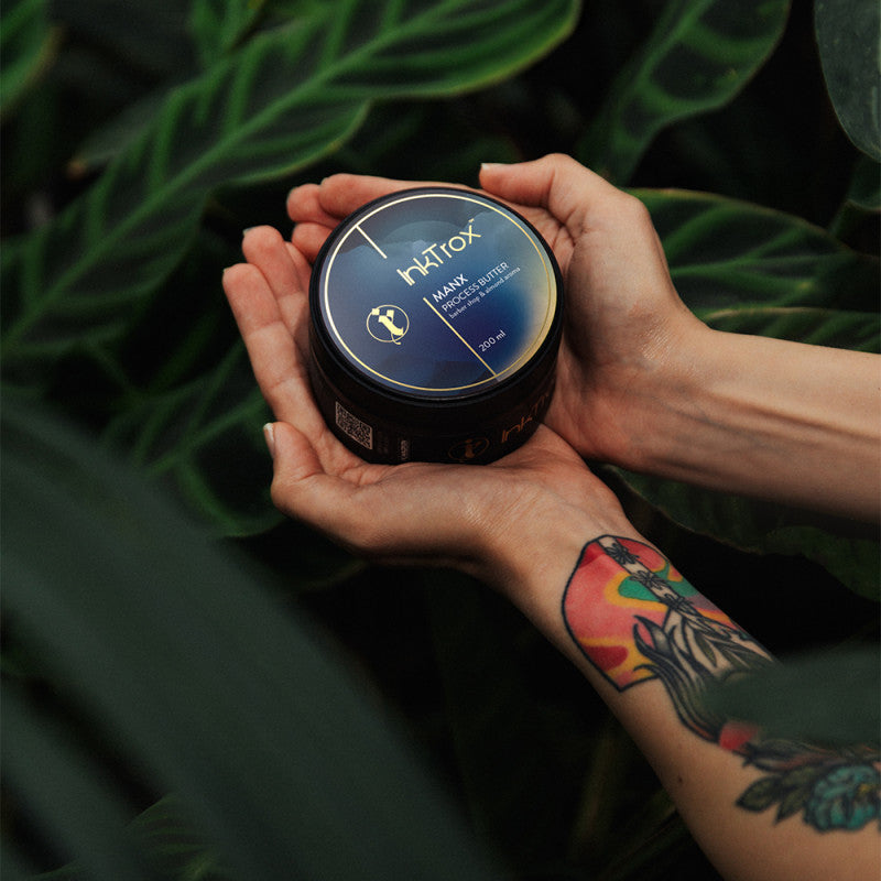 InkTrox Manx Tattoo Process Butter 200ml, soothing skin care product with a white jar and label, used for tattoo aftercare.