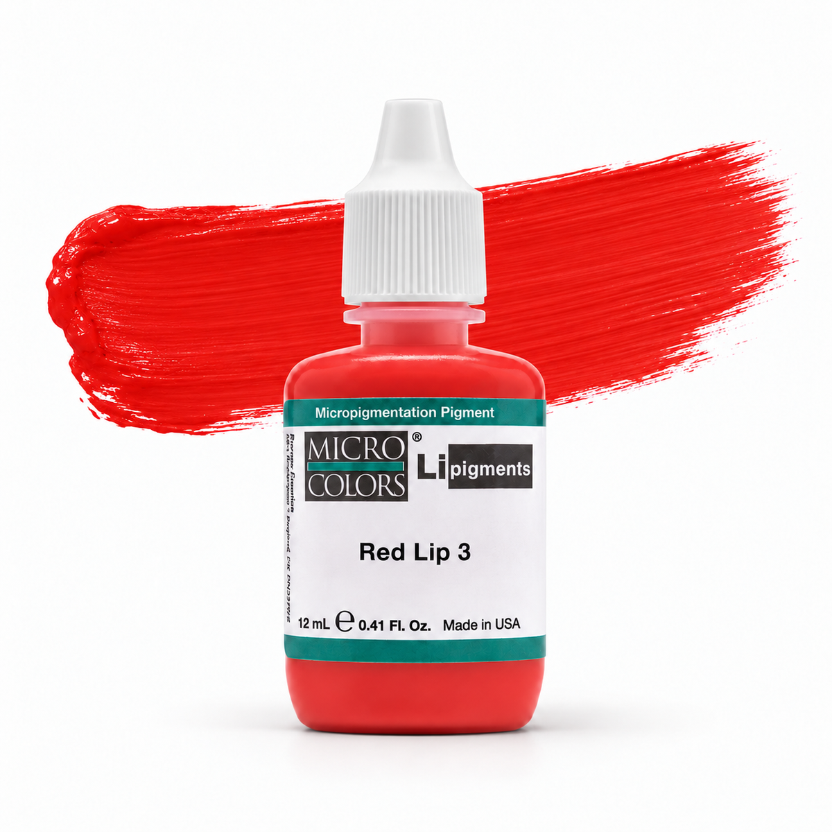 Li Pigments Red Lip 3 bottle with an illustrative colour brushstroke based on the manufacturer swatch