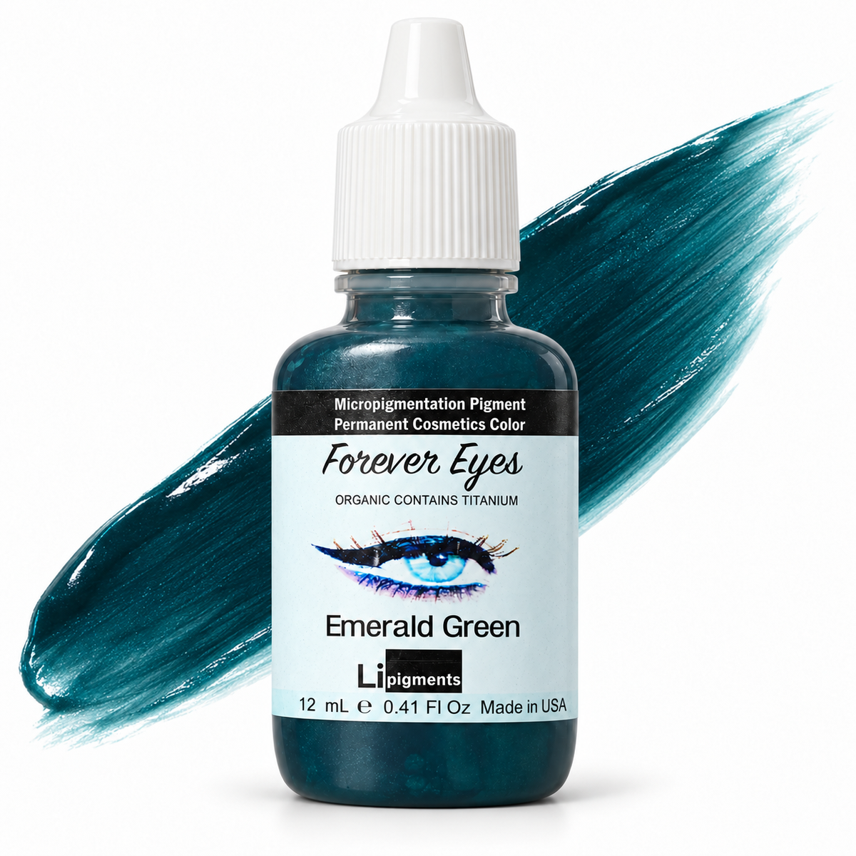 Li Pigments Forever Eyes Emerald Green 12ml — bottle with illustrative liquid pigment colour smear