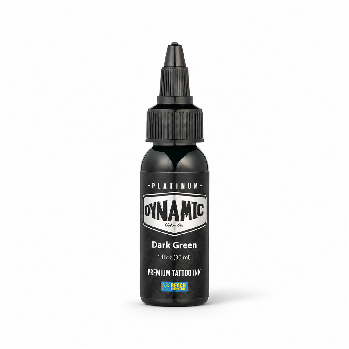Platinum By Dynamic Tattoo Ink Dark Green 30ml bottle on a white background with a natural shadow