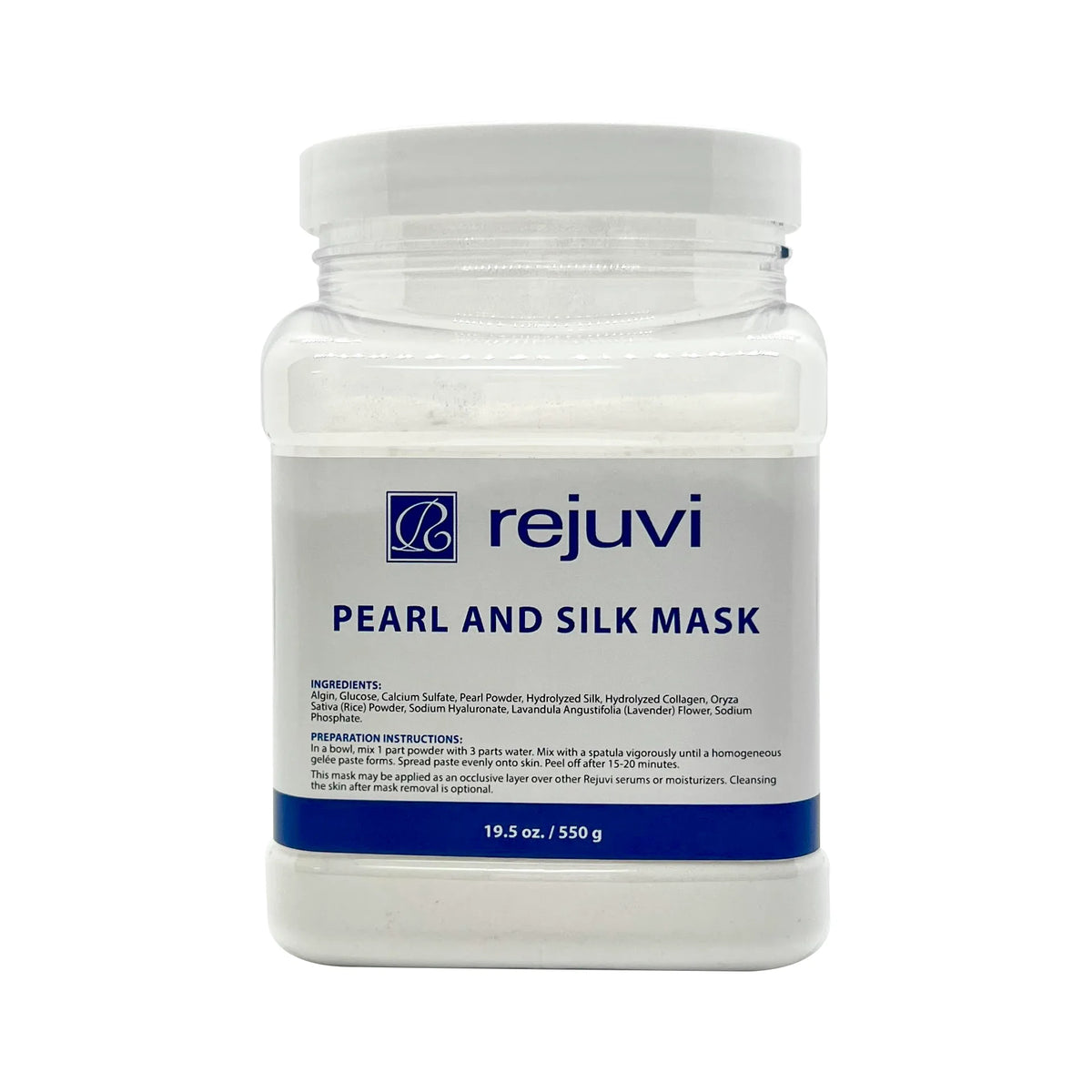 Rejuvi Pearl And Silk Mask 550g, large container of white powder labelled 550g