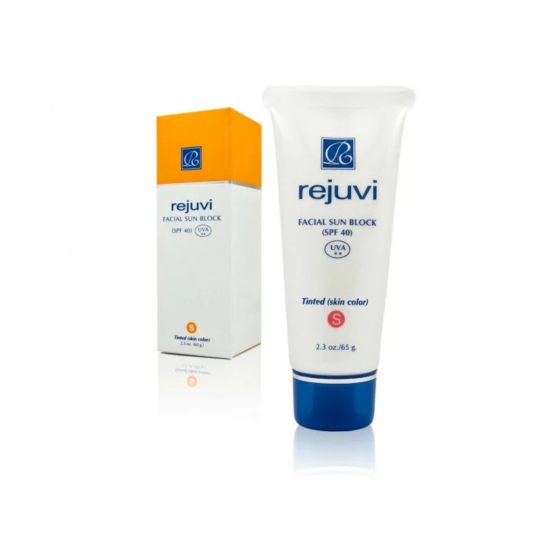 Rejuvi S Facial Sunblock SPF40 Tinted 65g packaging and product label