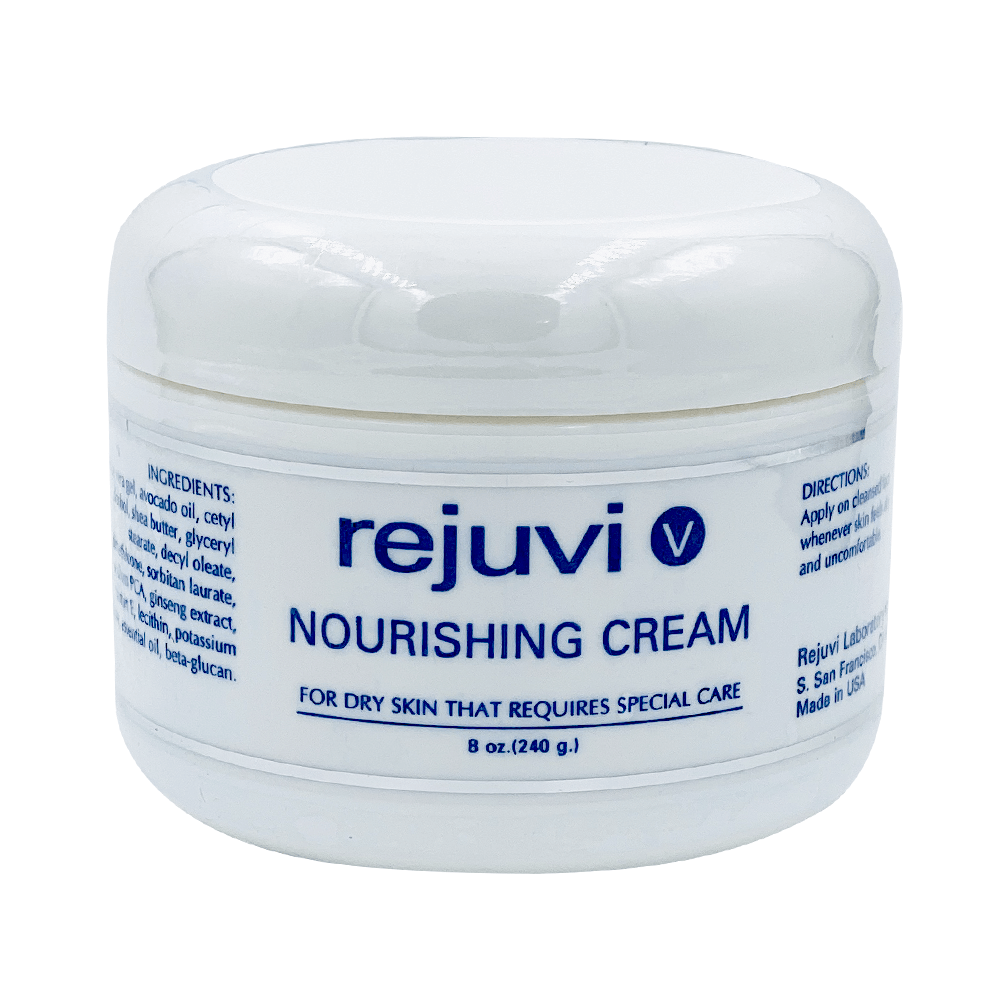 Rejuvi v Nourishing Cream 240g jar, front label