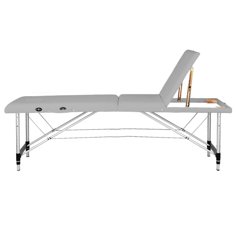 BALANCE Three-Section Folding Aluminium Massage Table – Grey; side view with backrest raised