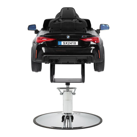 Black kids salon chair with steering wheel and seatbelts