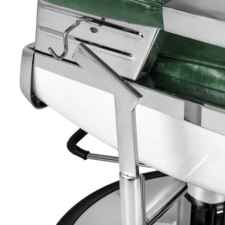 Green Gabbiano Royal X barber chair with padded armrests and chrome base, designed for professional barbershop furniture.