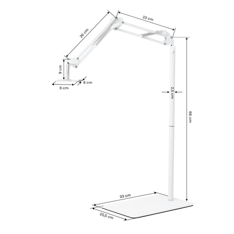 GLOW Adjustable UV/LED Pedicure Lamp Stand – White; dimension drawing, 33 × 20.5 cm base