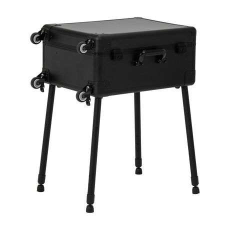 Black rolling makeup case opened as portable workstation