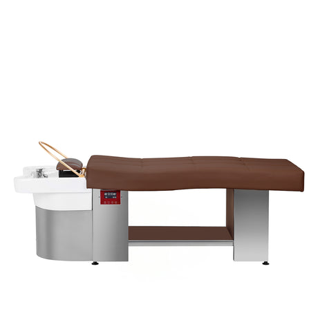 Gabbiano Head Spa 017 hair washing bed in brown, featuring a padded cushioned surface with a built-in neck rest for comfort