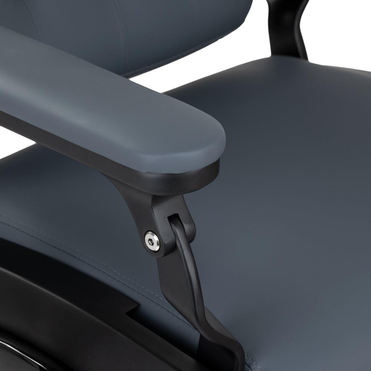 Barber's chair Gabbiano Francesco Graphite with black base, featuring padded seat and backrest, adjustable armrests, and sturdy construction.