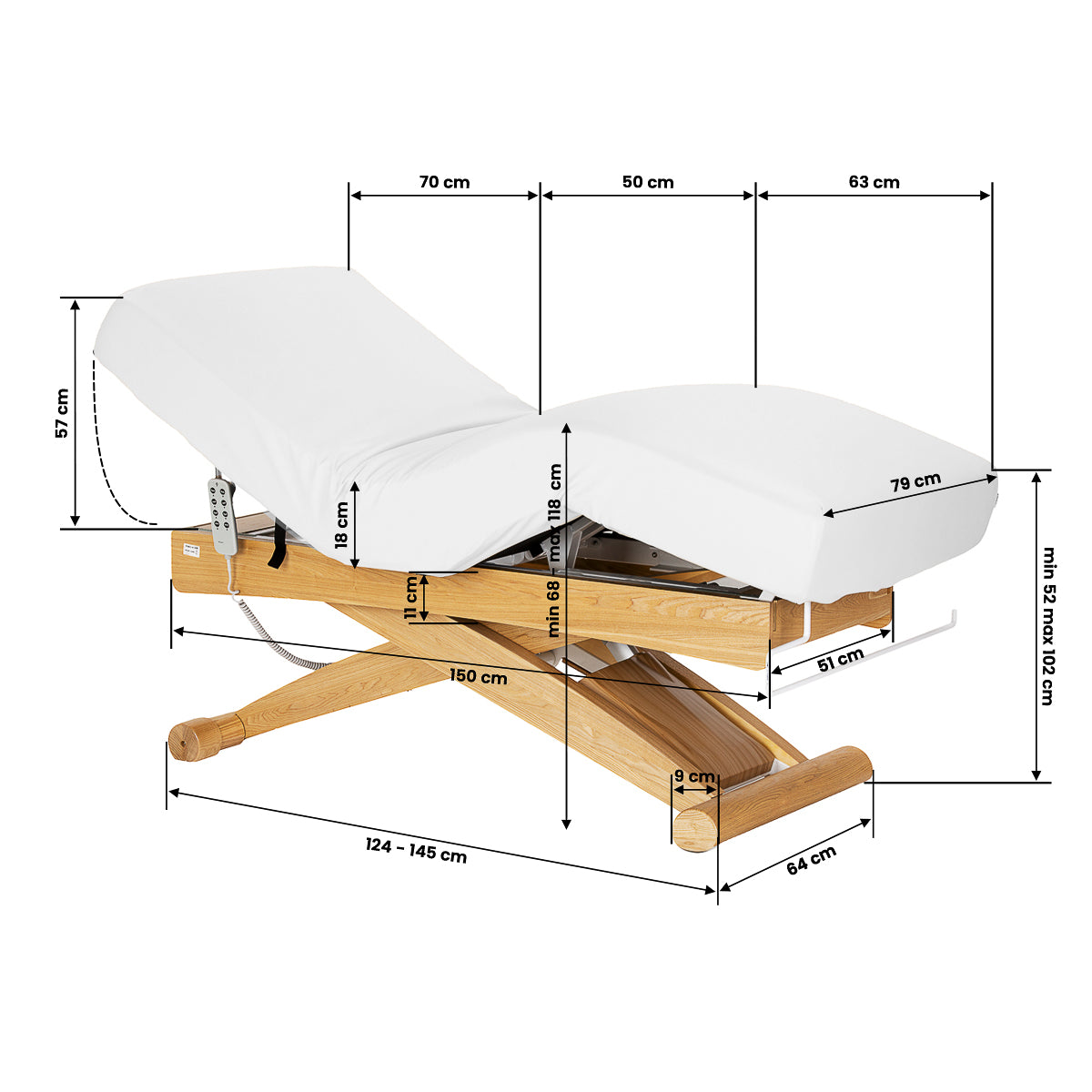 Sillon Siesta Electric SPA Lounger – White, Light Brown Base · Dimension drawing