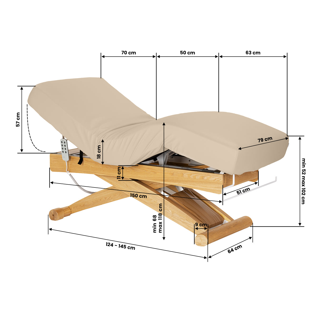 Sillon Siesta Electric SPA Lounger – Beige, Light Brown Base · Dimension drawing