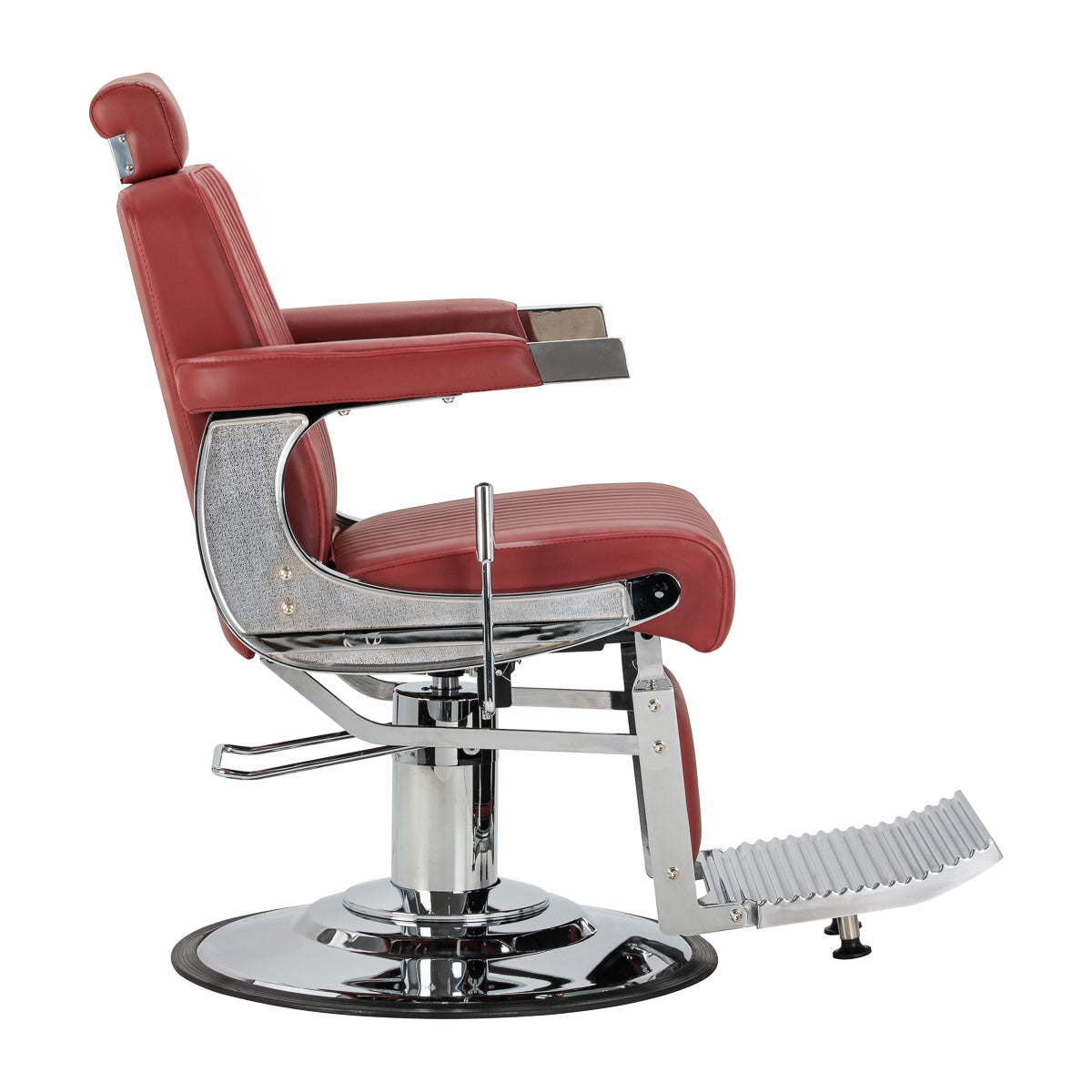 Gabbiano Visionerio+ Hydraulic Barber Chair – Red, Chrome Frame; side view, upright backrest