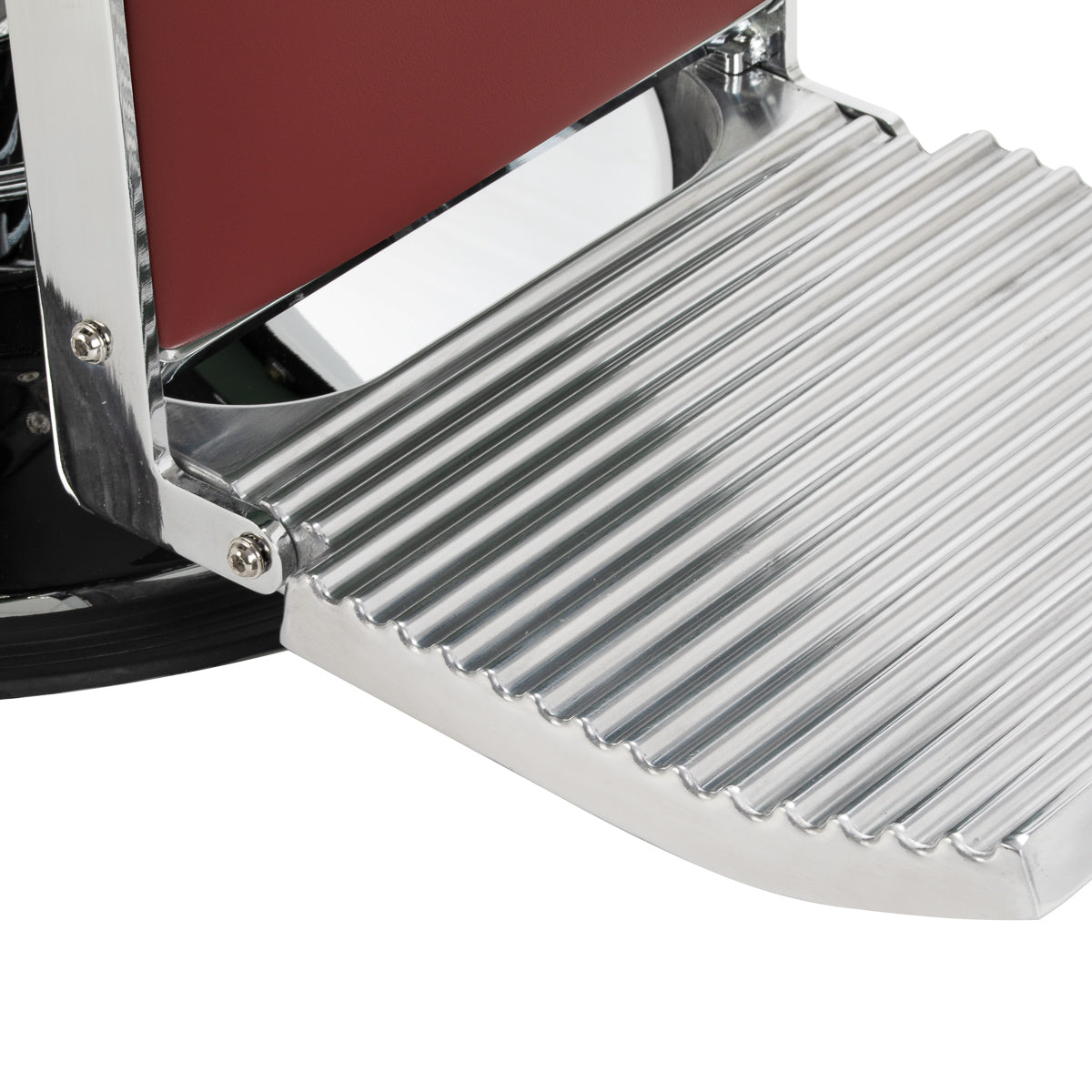Gabbiano Visionerio+ Hydraulic Barber Chair – Red, Chrome Frame; ribbed metal footrest detail