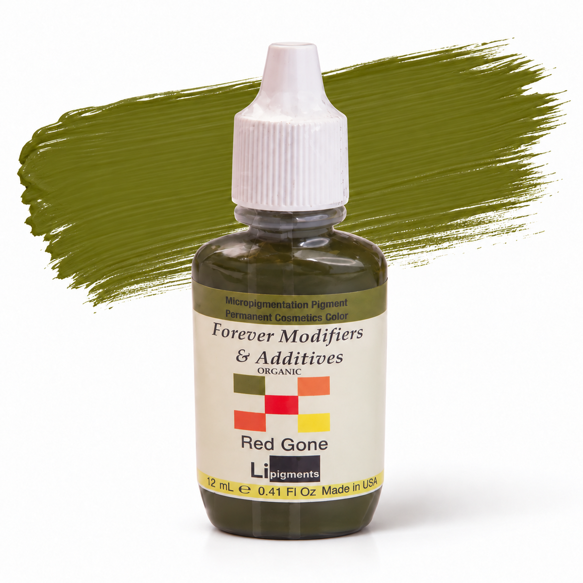 Li Pigments Forever Red Gone Modifier 12ml — product packaging with illustrative pigment brushstroke