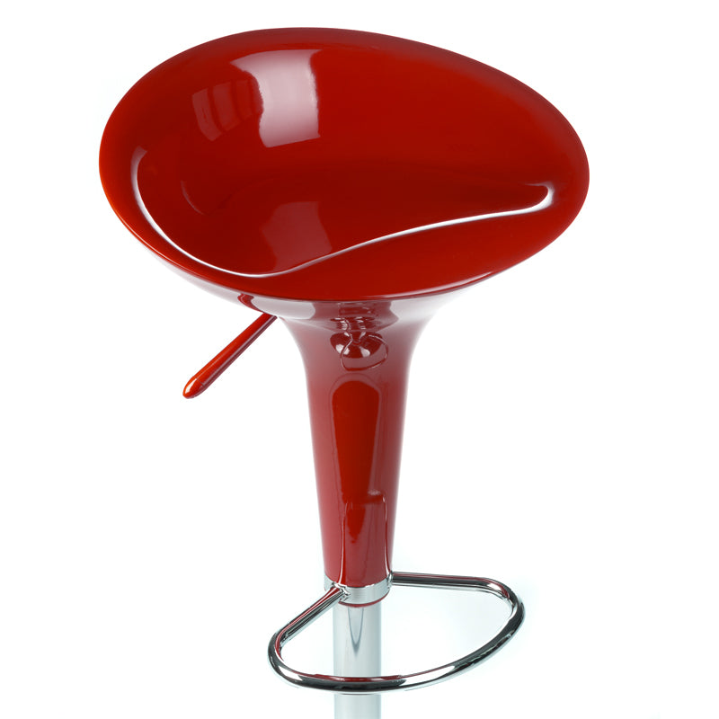 Red bar stool BX-1002 by Beauty System with a sleek modern design and cushioned seat, shown from a side angle.