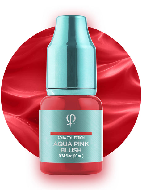 PhiAcademy PMU Aqua Pink Blush Pigment 10ml — Pink Blush pigment bottle on a red colour-texture background