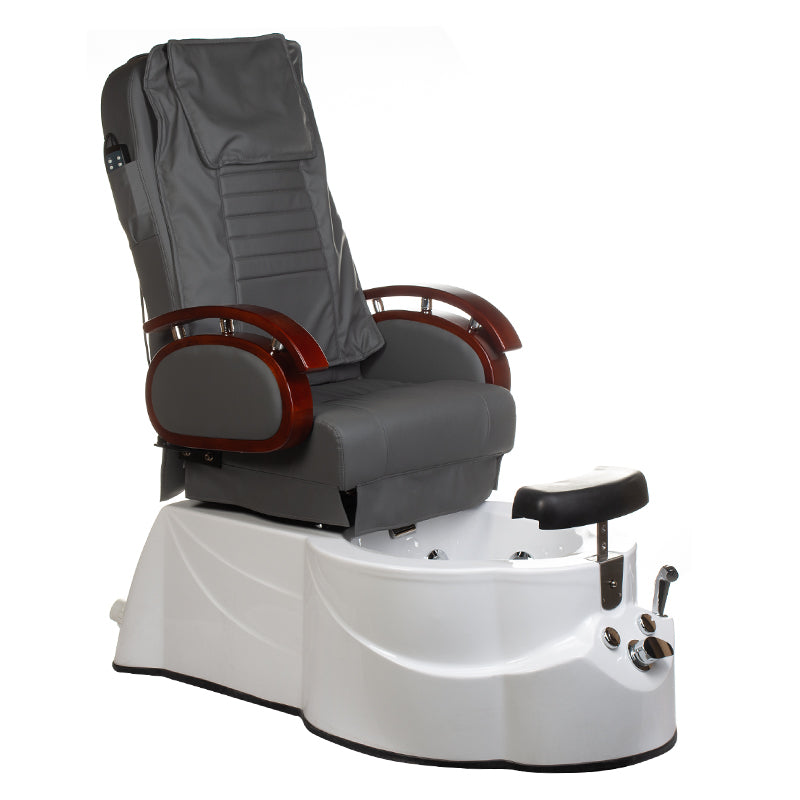 Gray pedicure armchair with massage features from Beauty System, designed for comfortable foot treatments.