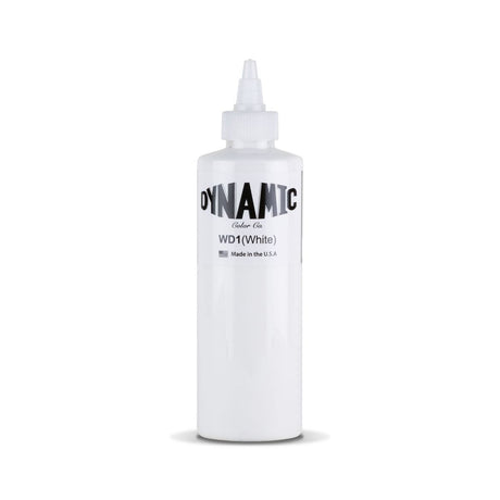 Dynamic white ink in 30ml and 240ml bottles, showing the 8oz bottle with white ink inside for art or printing projects.