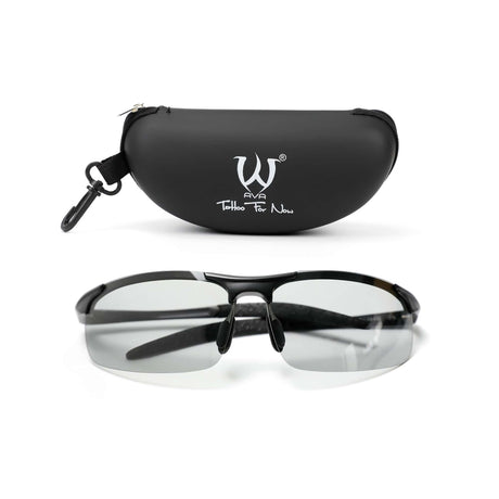 Clear AVA polarized anti-glare tattoo glasses with tinted lenses, designed for enhanced eye protection and style.