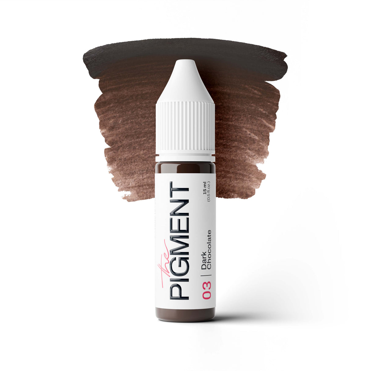 The Pigment 03 Dark Chocolate PMU pigment bottle for brows in 5ml and 15ml sizes