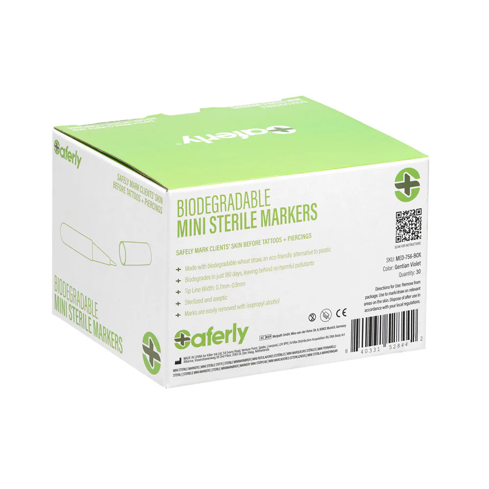 Saferly sterile biodegradable mini markers, small and eco-friendly for medical or lab use, with a clean, sterile appearance.