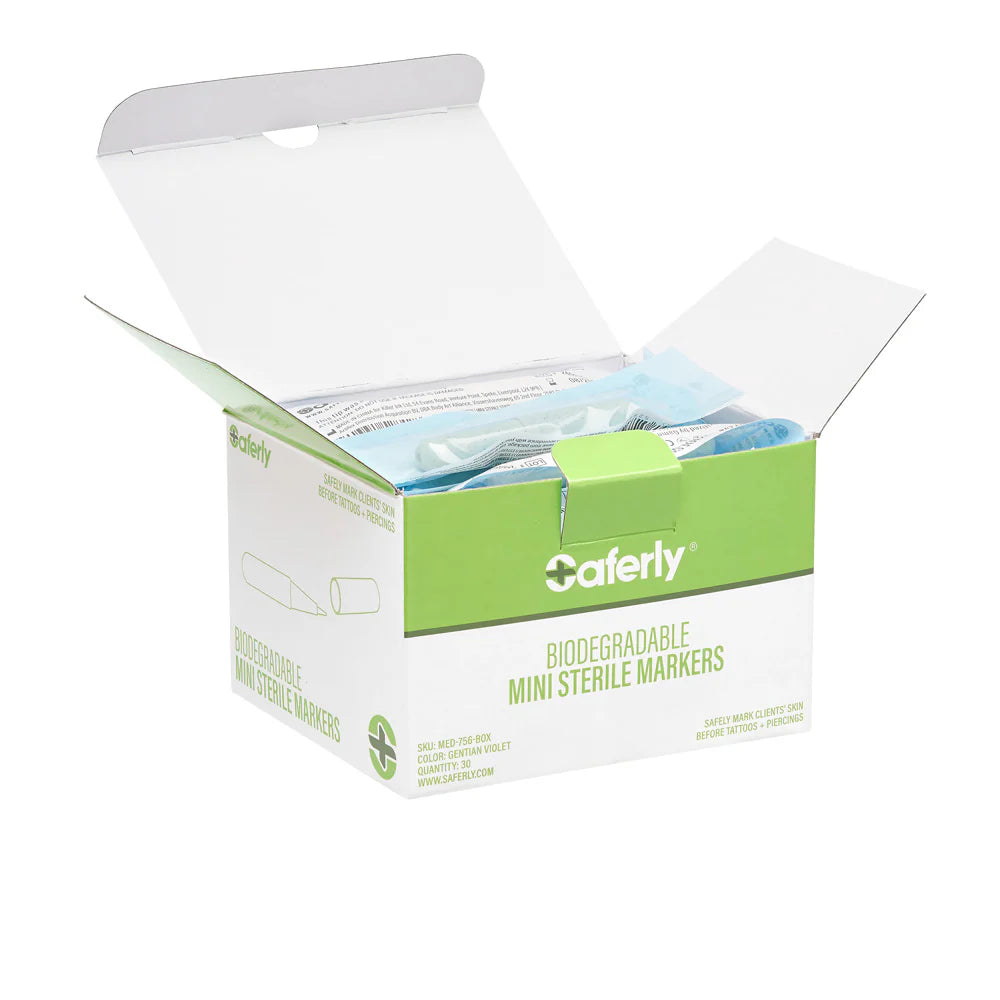 Saferly sterile biodegradable mini markers in green with black ink, designed for medical or laboratory use.