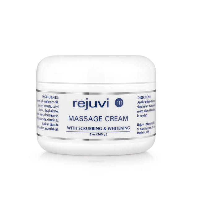 Rejuvi m Massage Cream with Scrubbing & Brightening 240g jar, front label