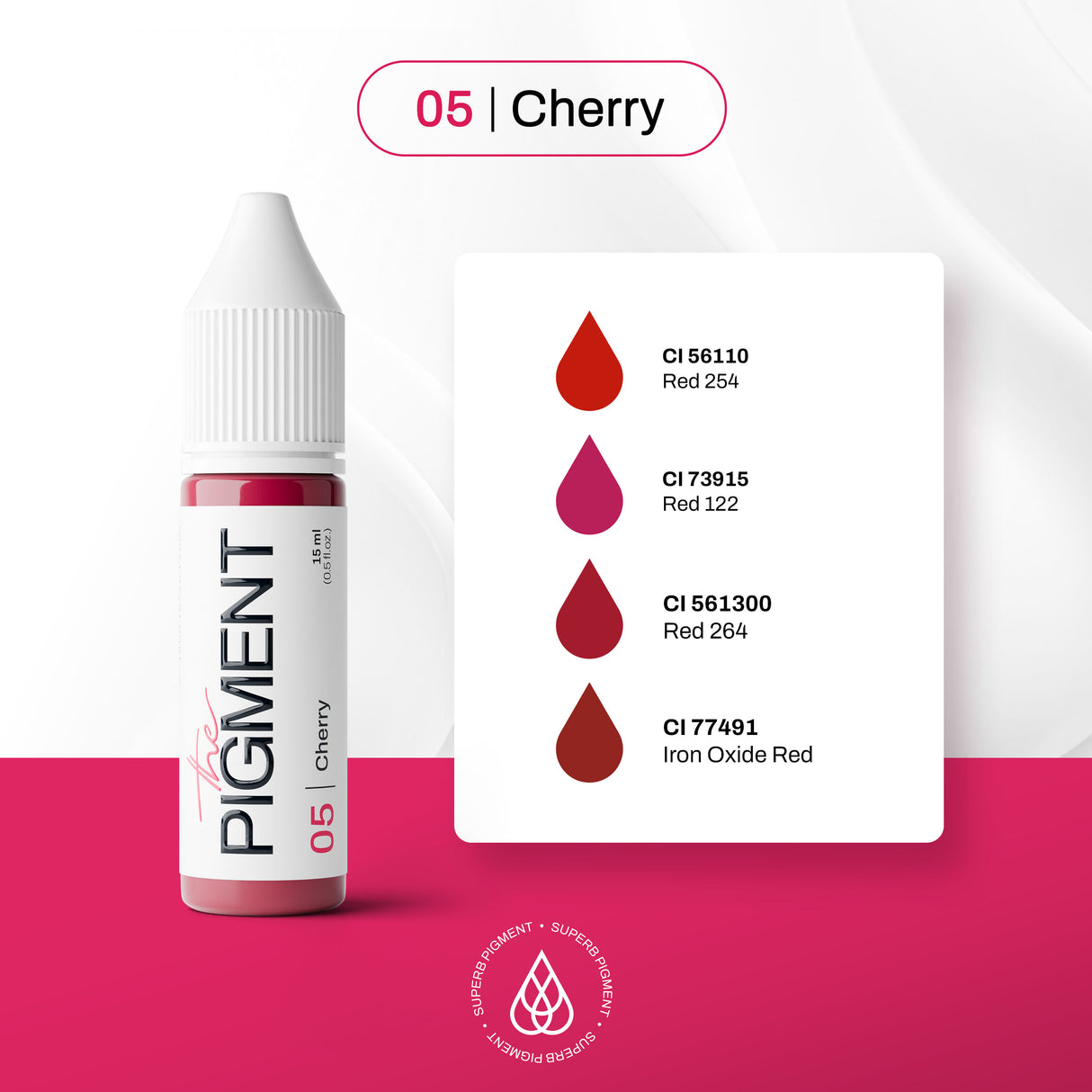 The Pigment 05 Cherry pigment shown with soft nude-pink lip colour tone