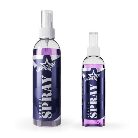 Two bottles of Unistar Nebula Spray, one larger and one smaller,