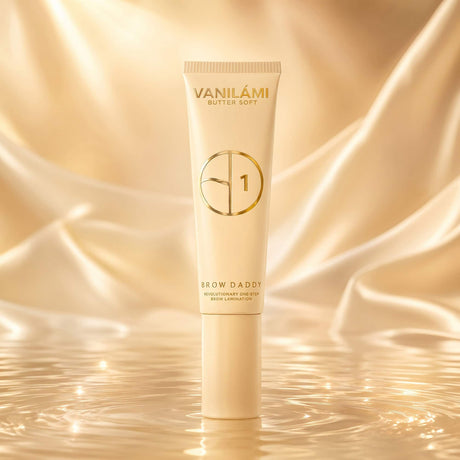 Brow Daddy VANILÁMI Butter Soft 60ml on a golden fabric background