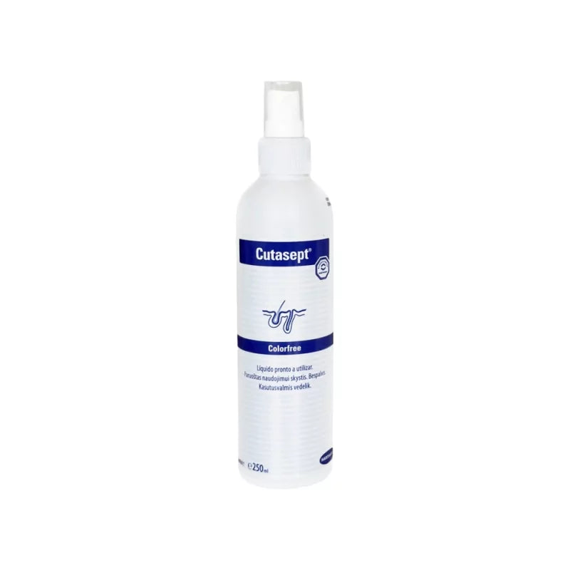 Cutasept Colorfree skin disinfectant bottle, 250ml, with clear label and cap, designed for hygienic skin sanitization.