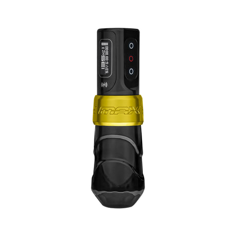 FK Irons Flux Max Gold/Stealth tattoo machine and PowerBolt II battery detail